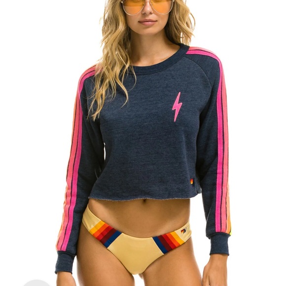 Bolt Embroidered Classic Crop Crew Sweatshirt Navy Neon Stripe L - Picture 1 of 10